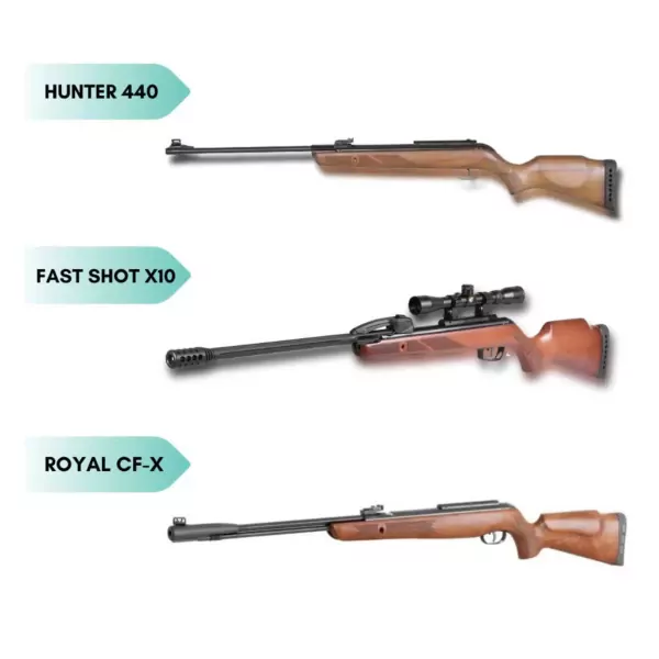 Three rifles, labeled "Hunter 440", "Fast Shot X10" (with scope), and "Royal CF-X".