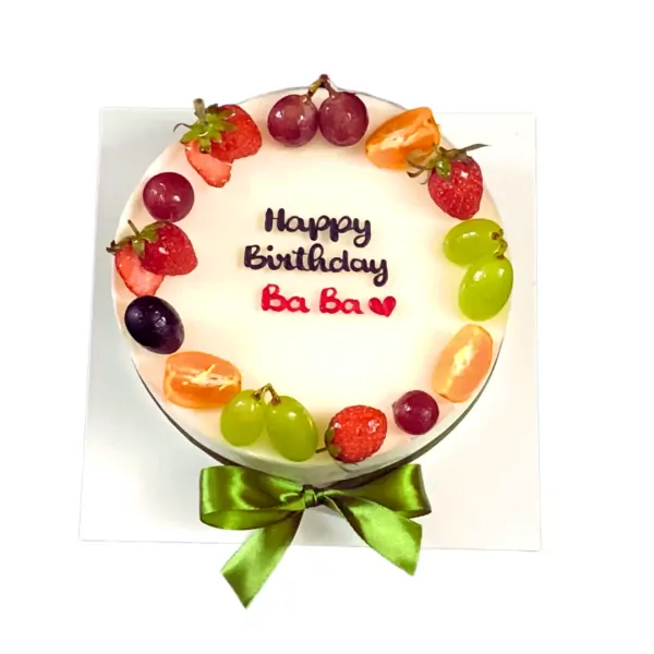 Birthday cake with fruit and "Happy Birthday Ba Ba" text.