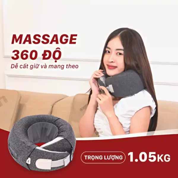 Woman with neck massager, product shown in grey with white strap, "MASSAGE 360 ĐỘ" text.
