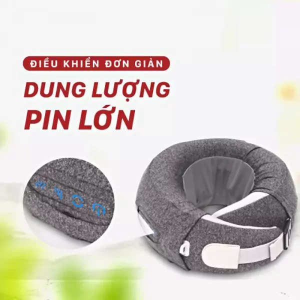 Neck massager with text about long battery life and simple control