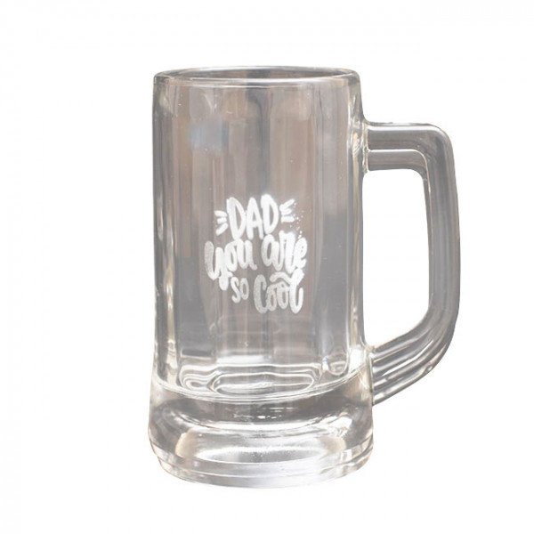 Glass beer mug with "Dad you are so cool" text.