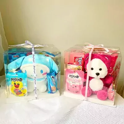Two gift boxes with plush toys and snacks.
