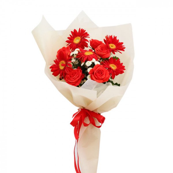 A bouquet of red roses, orange gerbera daisies, and white calimero daisies, wrapped in cream paper and tied with a red ribbon.