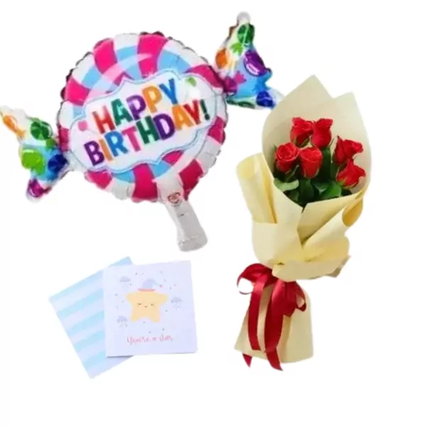Birthday balloon, rose bouquet, and a "You're a Star" card.