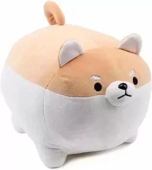 Round plush dog toy, beige and white, with cute black eyes and snout.