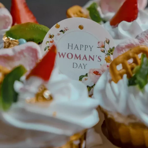 Close-up of mallow cupcakes decorated for Woman's Day.