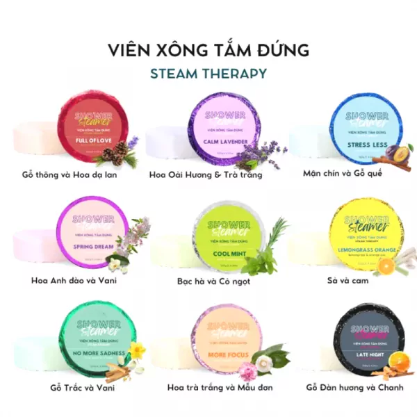 Collection of nine round shower steamers with various scents and Vietnamese labels.