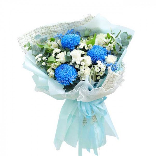 Bouquet of blue chrysanthemums and white roses, wrapped in light blue paper and ribbon.