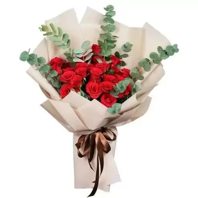 Bouquet of 48 red roses and eucalyptus, wrapped in cream paper and tied with a brown ribbon.