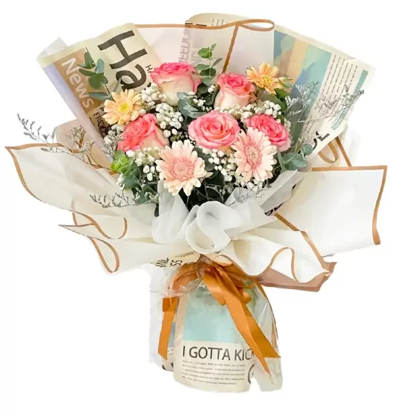 Bouquet of pink roses and gerbera daisies with baby's breath, wrapped in newspaper and sheer paper.