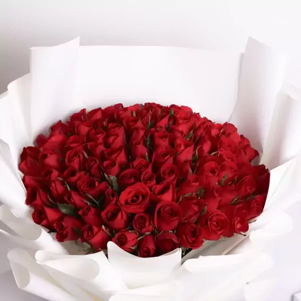 A large bouquet of 99 vibrant red roses in white paper wrapping.
