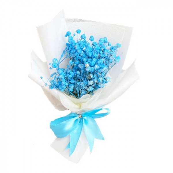 Bouquet of dried blue baby's breath flowers wrapped in white paper and tied with a blue ribbon.
