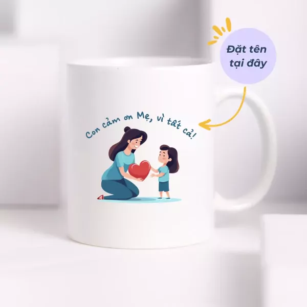 Mug with illustration of a mother and child holding a heart, with Vietnamese text.