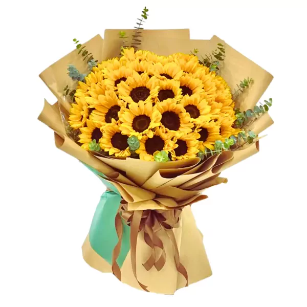 Bouquet of 36 bright sunflowers with eucalyptus leaves in brown and teal wrapping.