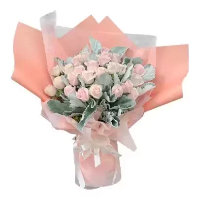 Pink and white roses with grey foliage wrapped in peach paper, tied with a white bow.