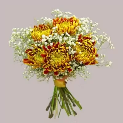 Bouquet of yellow and orange chrysanthemums and baby's breath tied with a gold ribbon.