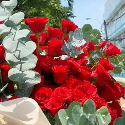A large bouquet of red roses and eucalyptus.