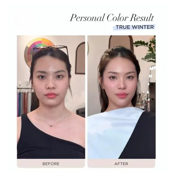 "Before and after comparison of a woman's personal color analysis, showing her as a 'True Winter'."