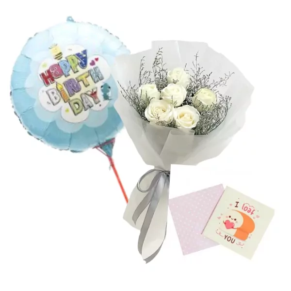 Birthday balloon with "Happy Birthday" text, white roses in bouquet, "I Loaf You" card, and pink card.