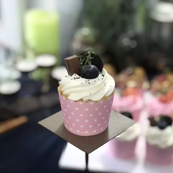 Pink polka dot cupcake with whipped cream, blueberry, chocolate, and cookie pieces.