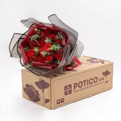 Red rose and carnation bouquet in a POTICO.VN box.