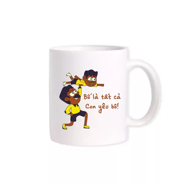 Cartoon mug with "Dad, my everything" text and a father lifting his child.