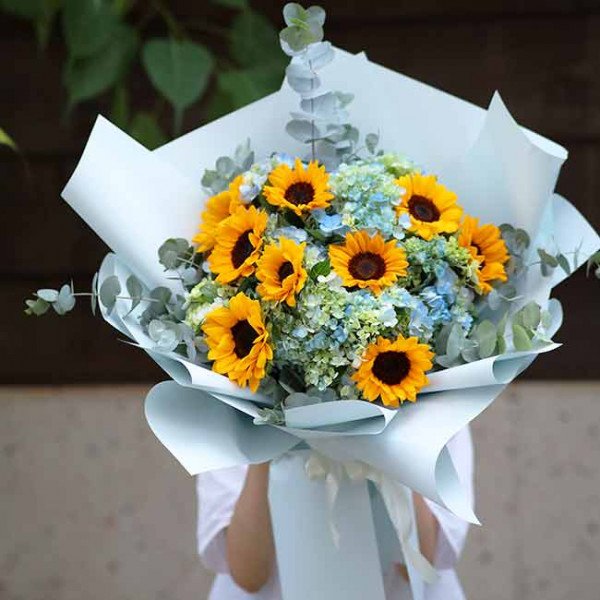 Bouquet of sunflowers and blue hydrangeas in light blue wrapping paper.