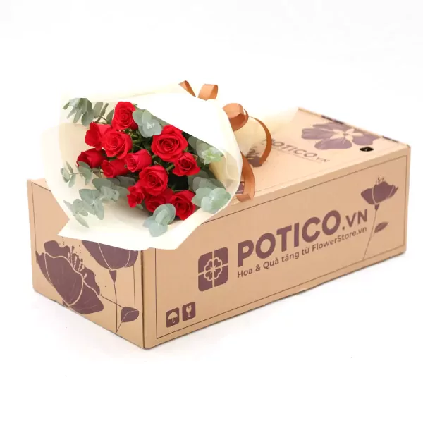 Red rose bouquet on a POTICO.VN flower delivery box.