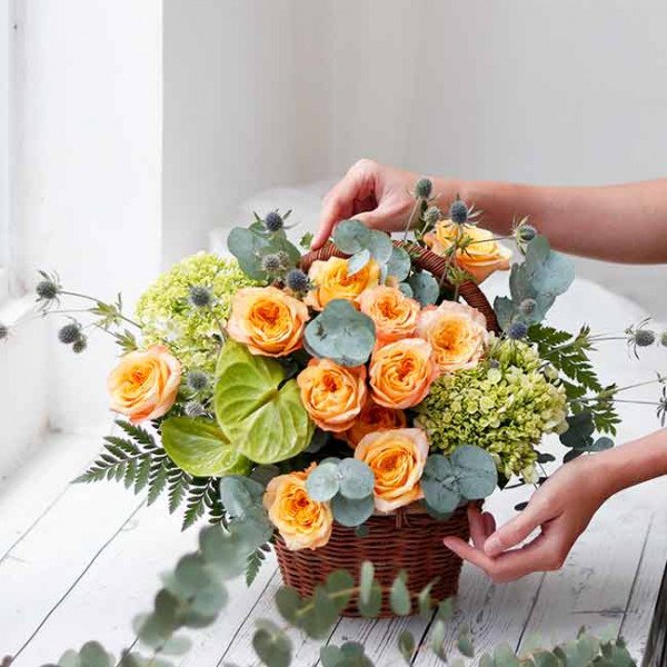 Basket of orange roses, green hydrangeas, anthurium, thistle, and eucalyptus.