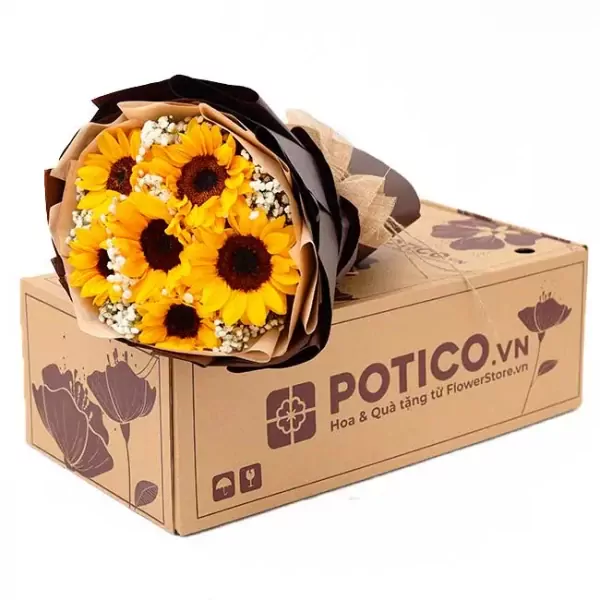 A bouquet of sunflowers and baby's breath sits atop a POTICO.VN cardboard box.