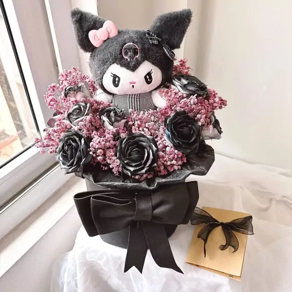 Kuromi plush with black roses in a bouquet, adorned with a black bow.