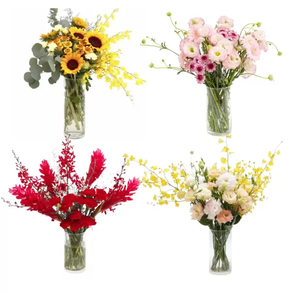 Four vases of colorful flowers: sunflowers, pink ranunculus, red ginger, and yellow orchids with cream roses.