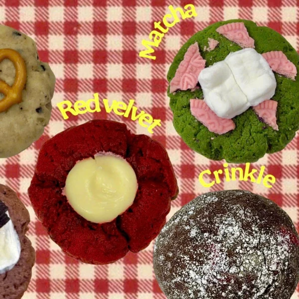 Five different cookies: pretzel, red velvet, matcha, chocolate crinkle, and s'mores, on a red checkered background.