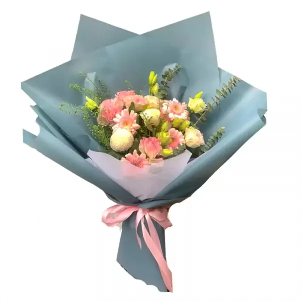 A bouquet of pink and white flowers wrapped in light blue paper, tied with a pink ribbon.