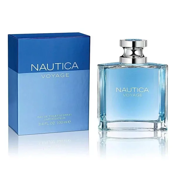 Nautica Voyage Eau de Toilette spray bottle and box, both with blue gradient design.