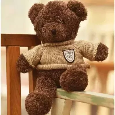 A brown teddy bear wearing a beige sweater with a patch sits on a wooden bench.